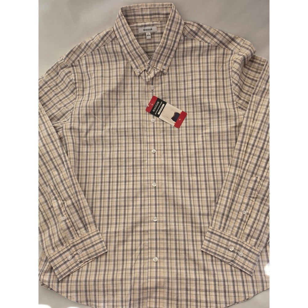 Haggar Mens Button Down Shirt XL NWT Natural Plaid All Day Comfort  Regular $60 - Picture 2 of 8